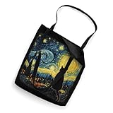 Cat Starry Night Van Gogh Cat Art Tote Bag - Black, 16" x 16" - Adults, Unisex