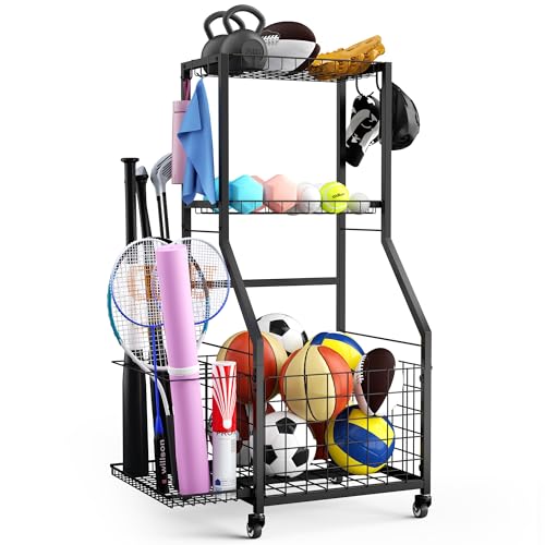 DUDUXI Sports Equipment Garage Organizer,Garage Ball Storage Rack for Sports with Wheels-Upgraded 3 Layers Sports Organizer Rack Outdoor Basketball Racks for Balls with Holder and Hooks