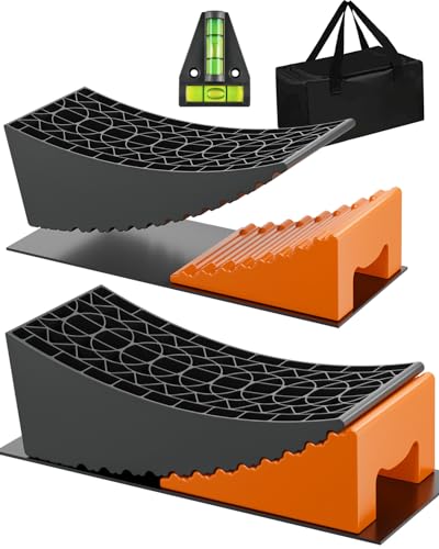 RV Leveling Blocks Ramp Kit, 2 Packs Camper Leveler System for Travel with Two Chocks, 2 Anti-Slip Mats, 1T Bubble Level and Carry Bag, Up to 35000 LBS, Easier & Faster to Level Camper-Orange
