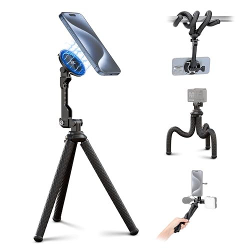 JJC Magnetic Flexible Phone Tripod for iPhone, Bendable Octopus Tripod with 1/4" Screw & Gopro Mount Compatible with iPhone Android Phone Gopro Digital Camera for Video Recording Vlogging