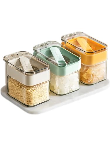 DAHUITX Condiment Jar Spice Container, Sugar and salt container set，Glass Seasoning Box with Spoon Dustproof Lid and Handle,for Kitchen, Counter,Food Storage,10oz Set of 3 (to mix)