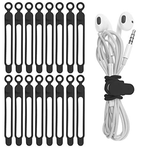 Nearockle 16Pcs Silicone Cable Straps Wire Organizer for Bundling Earphone, Phone Charger, Computer Cords, Reusable Cable Ties Cord Organizer in Home,Office,Kitchen,School(Black)