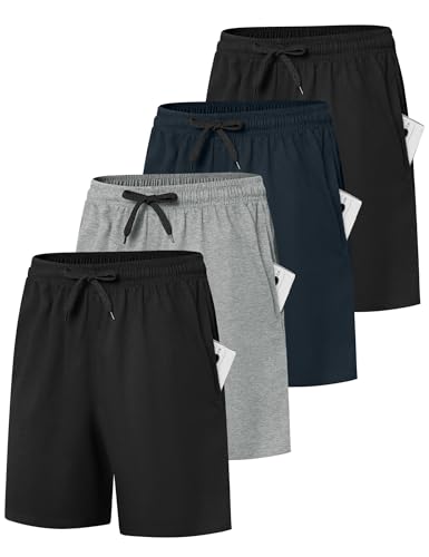 Dalavch 4 Pack Women's Bermuda Sweat Shorts Cotton Comfy Drawstring Shorts for Casual Lounge Sport Athletic with Pockets 2 Black 1 Pitch Blue 1 Heather Grey Large
