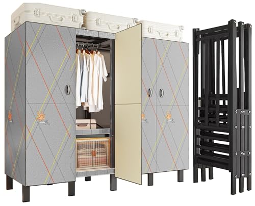Portable Wardrobe Closet Heavy Duty Clothes Closet with Cover 1200Ibs, Foldable Metal Closets for Hanging Clothes, Freestanding Armoires Storage Covered Garment Racks 2 Hanging Rod(180cm/70.8in)