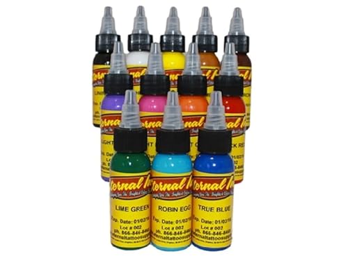 Eternal Authentic Tattoo Ink, 12 Color Sample Set, 1/2 oz Bottles