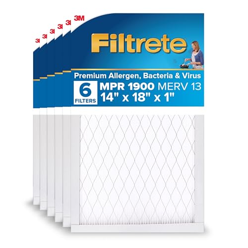 Filtrete 14x18x1 AC Furnace Air Filter, MERV 13, MPR 1900, Premium Allergen, Bacteria & Virus Filter, 3-Month Pleated Electrostatic Air Cleaning Filter, 6-Pack (Actual Size 13.81x17.81x0.81 in)