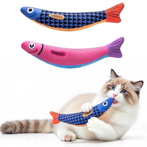 PetBusy Interactive Cat Toys with [5000mg A+ Organic Catnip] [Baby Grade] Soft Chew Kicker Cat Toys for Indoor Cats & Kittens,Crinkle &Rattle Fish Sound Toy,Drives Bored Cats Crazy with Fun,2 Pack