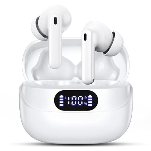 TUMJUN Wireless Earbuds, 42H Playtime Bluetooth 5.3 Headphones, HiFi Stereo Call Noise Cancelling Earbuds, IPX7 Waterproof Stereo in-Ear Earphones with LED Display for iOS Android (White)