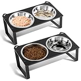 2 Set Elevated Cat Food Water Bowls, 4 Stainless Steel Bowls for Indoor Pet with Cute Metal Stand, 10° Tilted Anti-Vomiting Wide Shallow Raised Cat Dishes Whisker Friendly for Multiple Kitten,Puppy