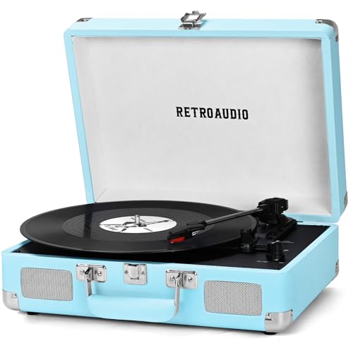 Vinyl Record Player 3 Speed Bluetooth Portable Suitcase Belt-Driven Record Player with 2 Built-in Stereo Speakers Vinyl Vintage Turntable Records Player with RCA Line Out, AUX Out (Sky Blue)
