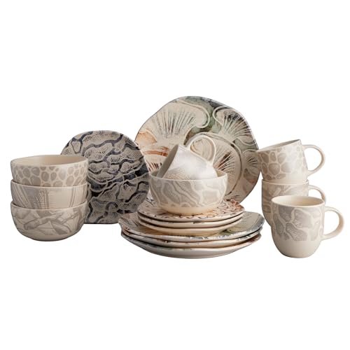 Corona 16–piece Earth Tones Fungi Mushroom Design Ceramic Dinnerware Sets | Plates Bowls and Mugs Set | Service For 4 | Ziba