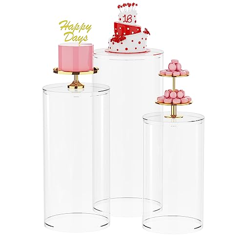 Wokceer Cylinder Pedestal Stands for Party 3Pcs Large Round Cylinder Tables for Parties Pedestal Stand Display Plinth Pillars for Wedding Birthday Party Art Decor 35.4"",29.5"",23.6"" H, Clear D