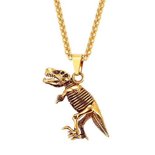 U7 Dinosaur Necklace Vintage 18K Gold Plated Animal Skull Skeleton Pendant Punk Personalized Jewelry
