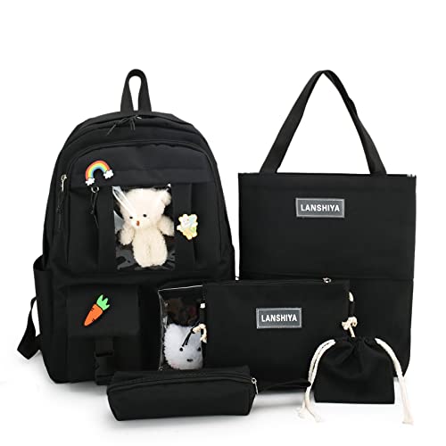 LELAOJI Kawaii 5PCS Backpack Set for Girls with Cute Bear Accessories - School Bookbag, Shoulder Bag, Handbag, Pen Pouch & More - Perfect for Student Back to School Supplies, Black
