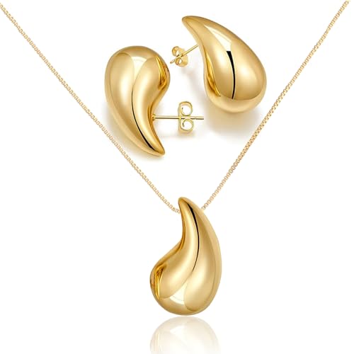 Bi&Yamigeo Tear Drop Earrings Necklace Jewelry Set, Gold Plated Chunky Water Drop Stud Earrings and Teardrop Pendant Necklace Dupes for Women(Gold Smooth A)