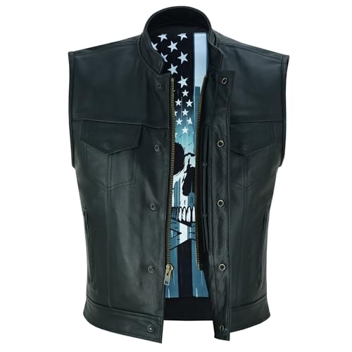 Daniel Smart Leather Motorcycle Vest Premium Cowhide Biker Vest for Men with Unique Skull Design lining & Armory Pockets