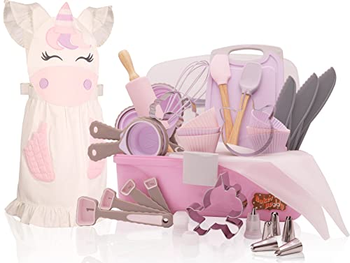 Baker Buddy Unicorn Kids Real Baking Set with storage case, real working utensils, cookie cutters, and baking supplies, beautiful unicorn apron for kids.