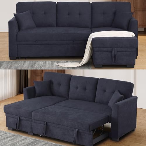 FANYE L-Shaped Reversible Sleeper Sectional Sofa with Storage Chaise, Modern Velvet Upholstered Convertible Sofabed Corner Tufted Pull Out Sleep Couch Bed Sleep Daybed W/2 Pillows for Living Room