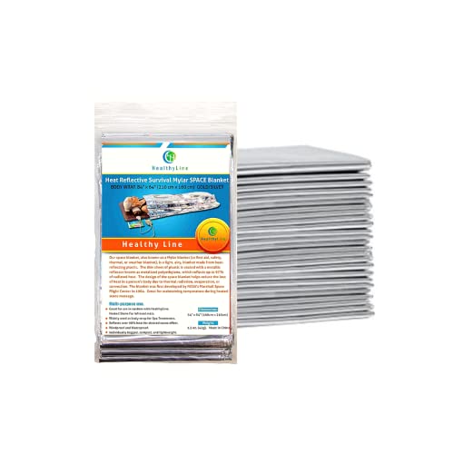 HealthyLine Thermal Foil Emergency Blankets (50 Pack) – Mylar Space Blanket for Heat Retention, Waterproof & Windproof, Lightweight Survival Gear for Outdoors, Camping, First Aid, and Sauna Use