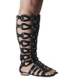 Hanfike Knee High Sandals for Women Gladiator Cut Out Summer Roman Boots M001 Black Flat US 9