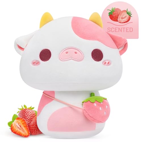 Caaaat Scented Stuffed Animal, Cute Strawberry Cow Scented Plush with 2 Sweet Strawberry Scented Microbeads, Squishy Plushies Hugging Plush Decor Pillow for Boys & Girls