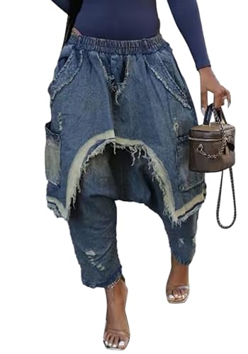 LETSVDO Womens Baggy Harem Jeans Elastic Waist Wide Leg Barrel Cargo Patchwork Ripped Hippie Cropped Denim Jogger Pants