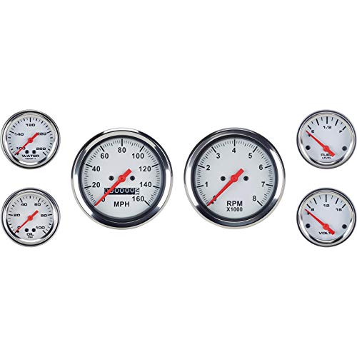6-Gauge Vehicle Instrument Kit: White Face, 3-3/8" Mechanical Speedometer & Tachometer, 2-1/16" Fuel, Temp, Oil & Volt Gauges, Stainless-Steel Bezel, Incandescent Lighting, Easy Installation
