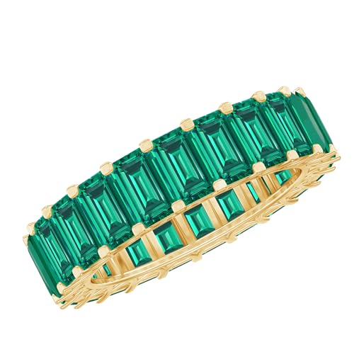 Rosec Jewels Certified Lab Grown Emerald Eternity Band in Yellow Gold Plated Silver, Aaaa Quality, Emerald Wedding Ring - Gift For Her, Gold Plated Yellow Gold, Size:US 6.50