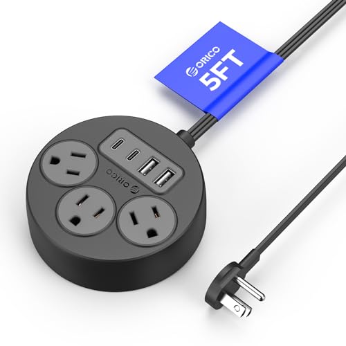 ORICO Extension Cord 5 FT with USB C Ports, Power Strip with 3 Outlets 4 USB Ports (2 USB-C), Extension Cord Saving Space, Indoor Charging Station, Mountable for Office, Home, Dorm (Black)