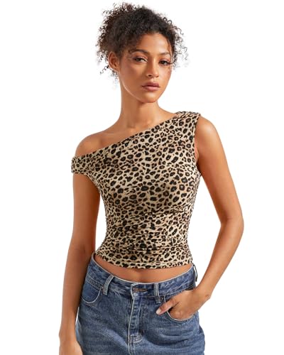 SUUKSESS Women Off Shoulder Tops Sleeveless Shirts Y2K Trendy Going Out Crop Tank Top (Cheetah Print,S)
