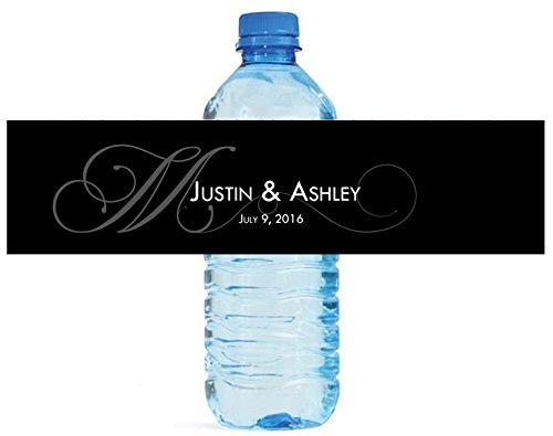 100 Black Monogram Elegant Wedding Anniversary Engagement Party Water Bottle Labels 8"x2"