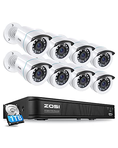 ZOSI H.265+ Home Security Camera System with AI Human Vehicle Detection, 5MP 3K Lite 8 Channel CCTV DVR Recorder and 8 x 1080p Weatherproof Bullet Camera Outdoor Indoor, 80ft Night Vision, 1TB HDD