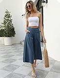 Gihuo Women' s Culottes Linen Blend Wide Leg Pants Elastic Waist Casual Palazzo Trousers with Pockets Capris(DarkBlue-XL)