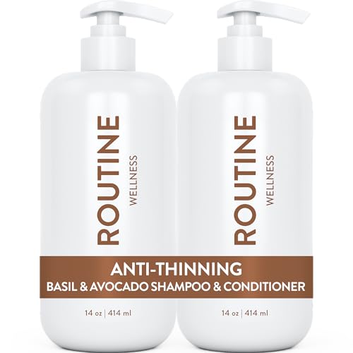 Routine Wellness Anti-Thinning Shampoo and Conditioner Set for Thinning Hair - Biotin DHT Blocker Women & Men - Color Safe Shampoo for Hair Loss & Healthier Hair - Basil & Avocado