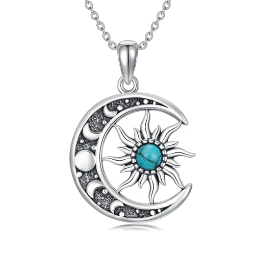 ZPMMPZ Sun and Moon Necklace 925 Sterling Silver Moon Sun Pendant Turquoise Jewelry Gift for Women