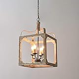 LOVEDIMA French Country Chandelier 4-Light Lantern Pendant Lighting Square Wood Metal Chandeliers Hanging Light Ceiling Light Fixtures in Antique Gray & Antique Gold