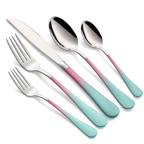 Onlycooker Colorful Silverware Set 20 Piece 18/0 Stainless Steel Flatware Pink and Green Handle Cutlery Set Service for 4 Fork Knife Spoon Set Mirror Finish Dishwasher Safe