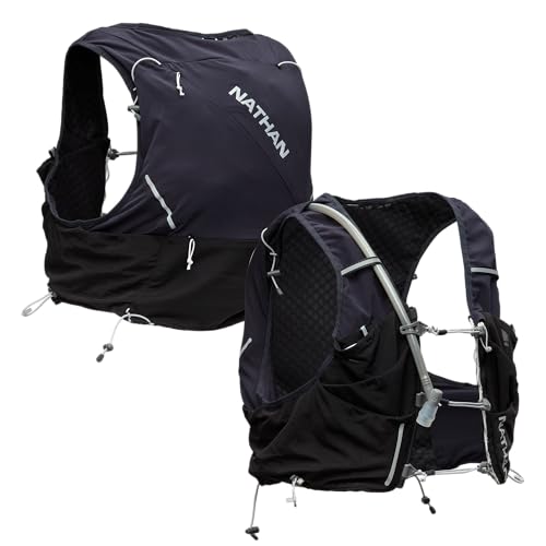 Nathan Hydration Vest 12L for Running & Hiking - Quick-Fit Adjustments, Breathable Mesh, 1.6L Insulated Bladder, Lightweight 8.8 oz, 6 Power Mesh Pockets, Diagonal Zip - Pinnacle Pro - Black, Large