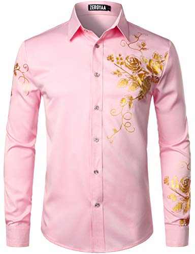 ZEROYAA Men's Hipster Rose Floral Printed Slim Fit Long Sleeve Button Up Party Dress Shirts ZZCL63 Pink Large