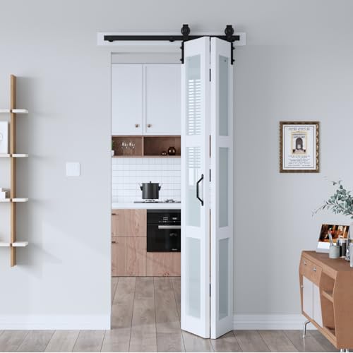 EaseLife 36"x 84" (Double 18" x 84" Doors) Bifold Barn Door, Bifold Sliding Barn Door with Hardware Kit Included, Solid MDF Wood Slab Covered with Water-Proof PVC Surface, Frosted Glass Panel