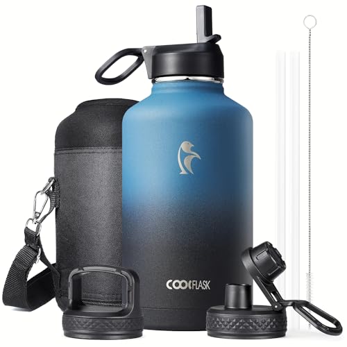 Half Gallon Water Bottle Insulated with Straw & 3 Lids, Coolflask 64 oz Water Jug Large Metal Stainless Steel Wide Mouth for Sports, Gym or Office, Non-BPA Keep Cold 48H Hot 24H, Samurai Cyan