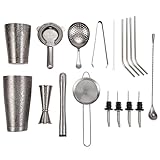 Sky Fish 3D Etched 18-Piece Bartender Kit Stainless Steel Boston Cocktail Shaker Set Copper Plated Bartending Tools Suit for Bar Tools Set Mixology Enthusiasts (Space Gray)