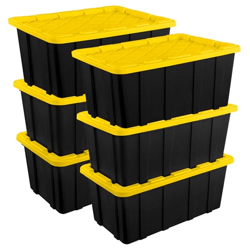 Sterilite 6-Pack Industrial Tote, Plastic Storage Container Bins with Lids, 27 Gallon - Heavy-Duty Organizing Containers for Closet, Bathroom, and Office