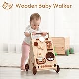 Woodtoe Wooden Baby Walker, Adjustable Push and Pull Learning Activity Center Walker Toy, Natural Wood Sit to Stand Walker for Baby Learning to Walk, Educational Birthday for Toddler Boy Girl 1+