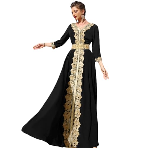 AFAVOM Moroccan Kaftan Dresses for Women Abaya Golden Lace Dress Handmade Embroidered Islamic Ramadan Eid Dress Traditional Arabic Dubai Muslim Prayer Robe Wedding Party Gown Black XL