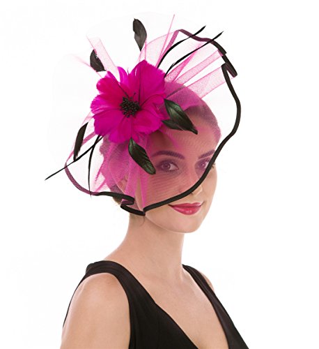 SAFERIN Fascinators Hat Flower Mesh Ribbons Feathers on a Headband and a Clip Tea Party for Girls and Women (TA1-Rose Pink+Black)