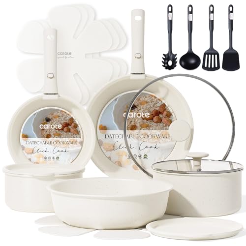 CAROTE 19pcs Pots and Pans Set Non Stick, Cookware Sets, Kitchen Set, Oven/Fridge Safe, Space Saving Pots Set, Nonstick Cooking Set with Versatile Detachable Handle, Induction RV Set, Cream White