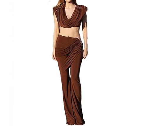 2025 Spring and Autumn New Women's Sexy Open Umbilical Top, Slim Fit, Hip Hugging Pants Set for Women(Brown,Medium)