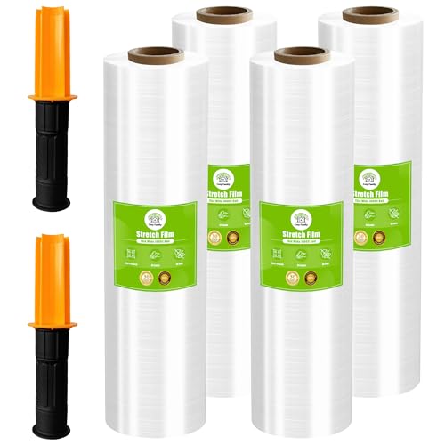 Cosy Family Plastic Wrap Stretch Film Roll - 1000ft 60 Gauge Industrial Strength 15 inch Wide Clear Plastic Wrap Roll with Handles for Pallet Wrapping Shipping Moving - Clear, Pack of 4
