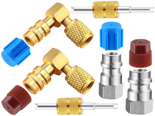 Yaocom R12 to R134A AC Fitting Conversion Adapter Kit, Quick Coupler Valve A/C 90° Port Retrofit Adapter High/Low Pressure with Valve Core Remover for AC Air Conditioner Refrigerant (Gold Silver)